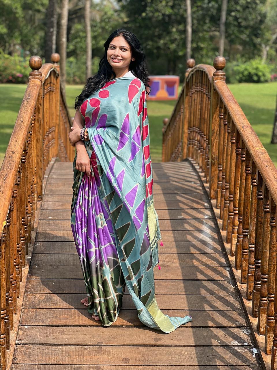 Gray Blue - Clamp Dyed Modal Silk Saree - Vasaka Jaipur