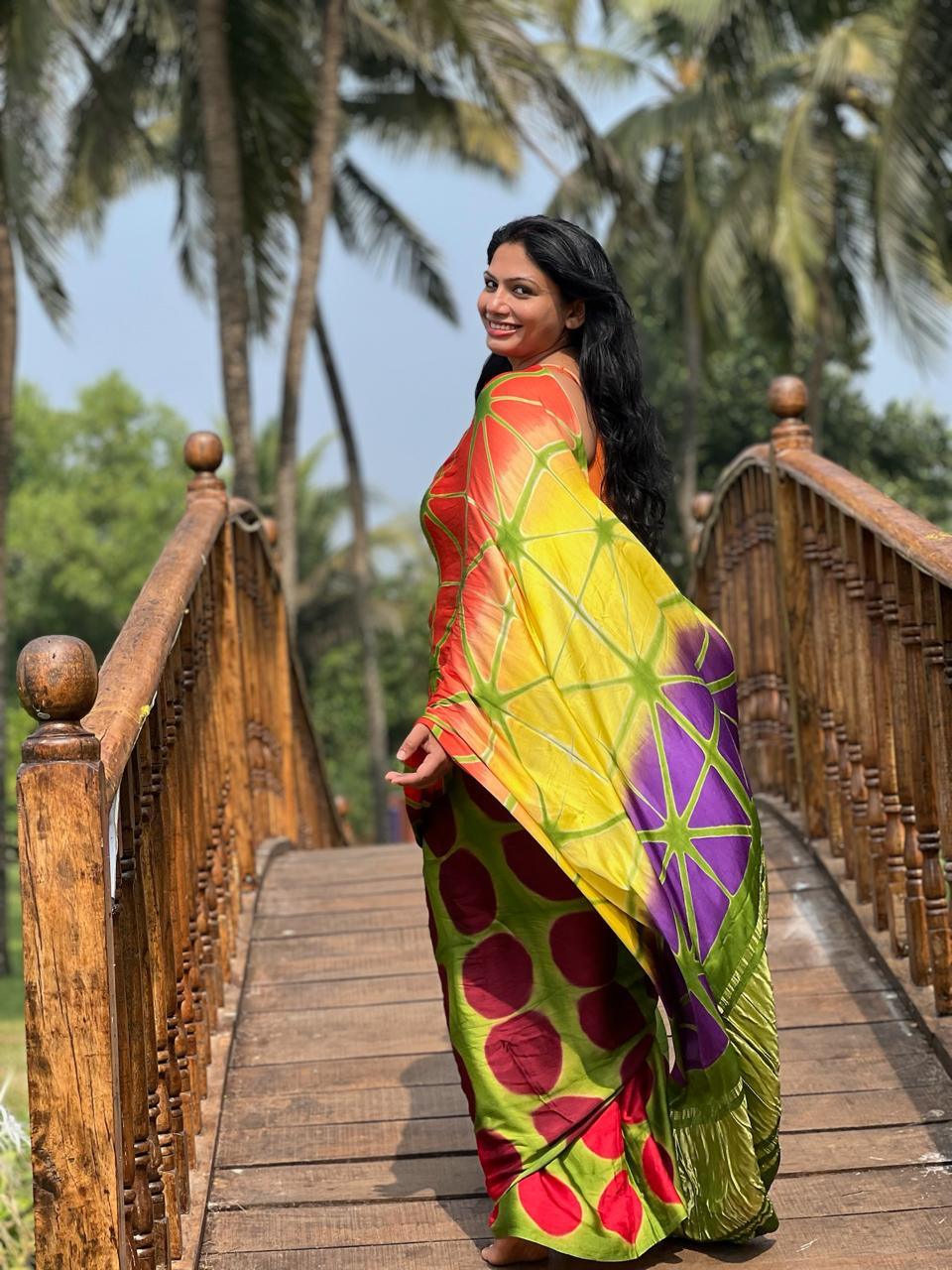 Green - Clamp Dyed Modal Silk Saree - Vasaka Jaipur