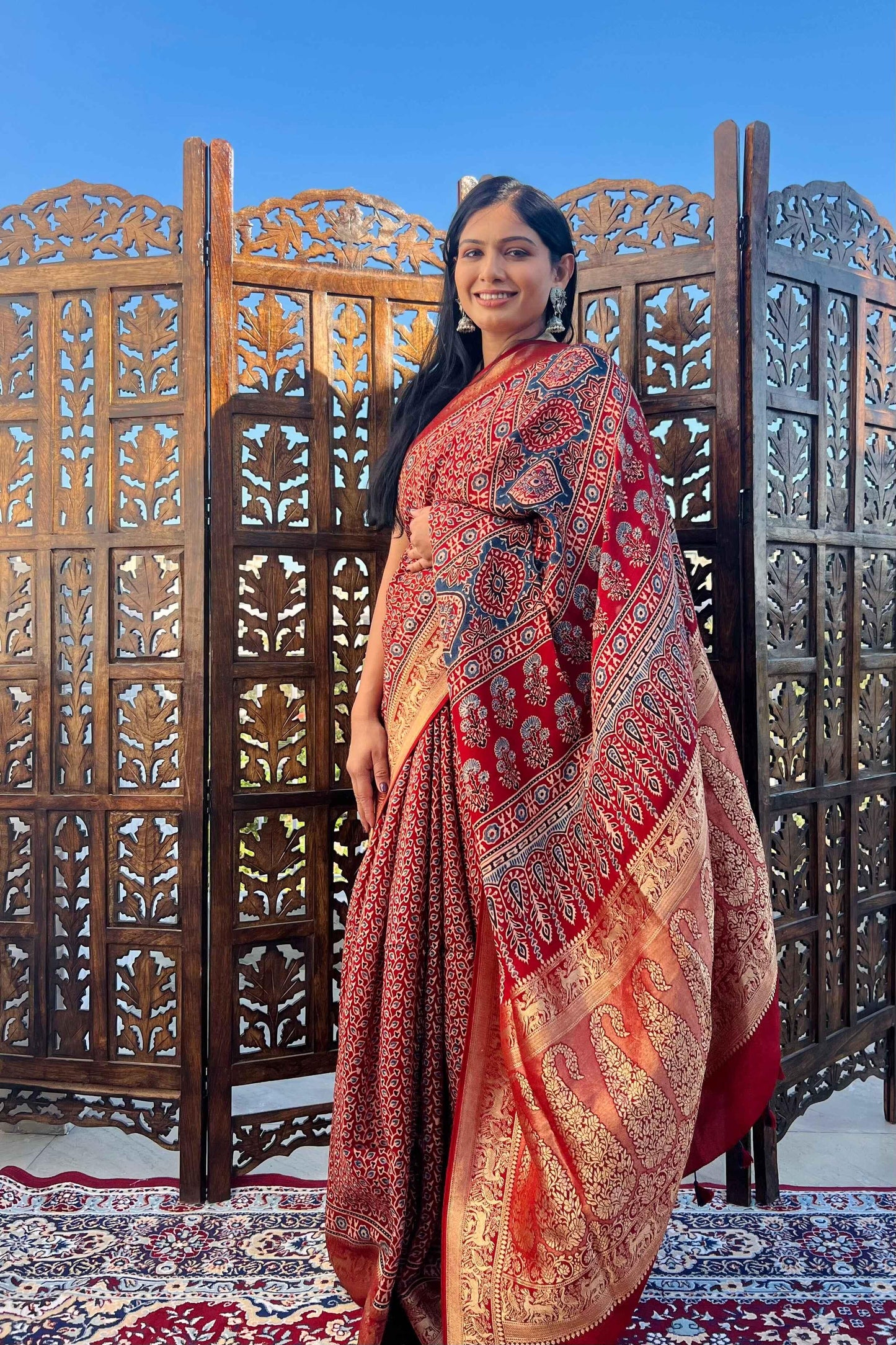 Red - Designer Ajrakh Handblock Premium Dola Silk Saree