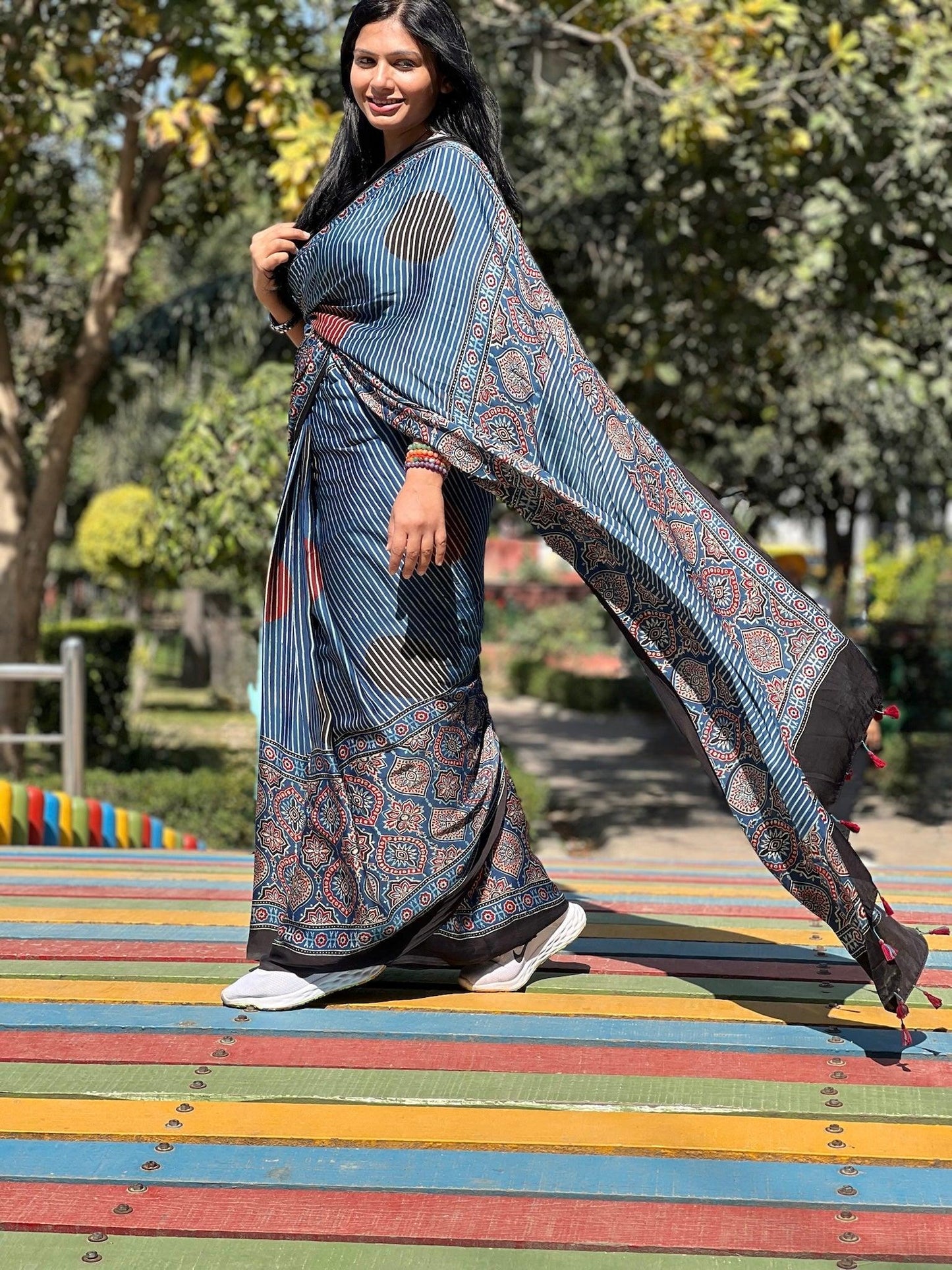 INDIRA : AJRAKH HANDBLOCK MODAL SILK SAREE - Vasaka Jaipur