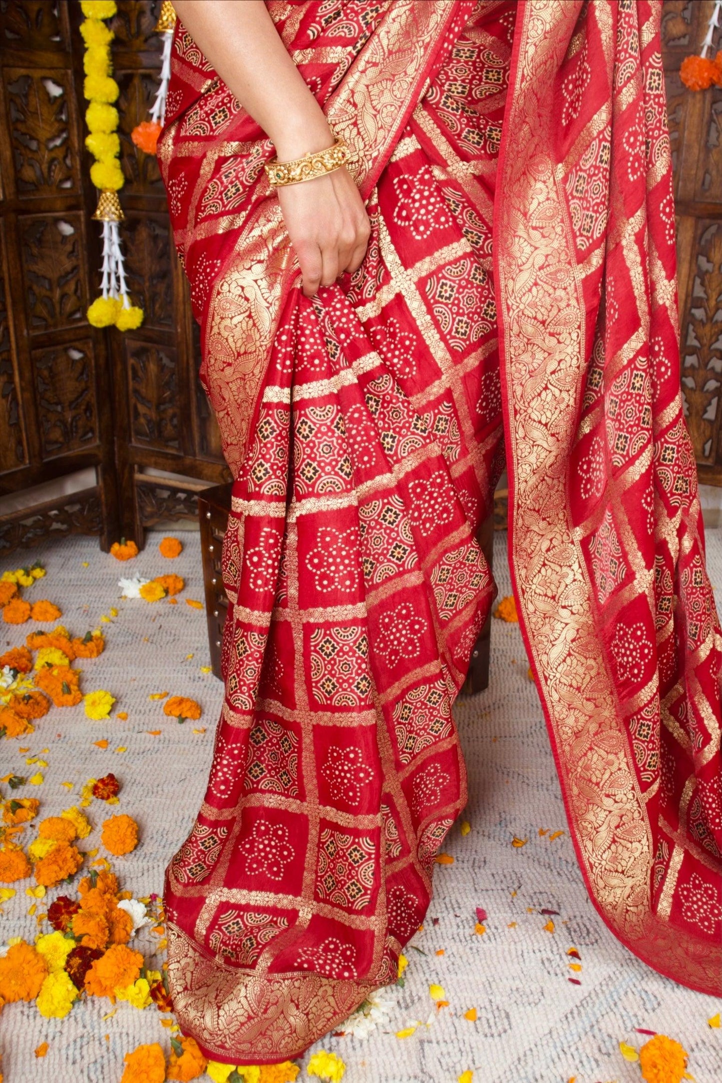 CHANDRIKA - Ajrakh Gharchola Red Modal Silk Saree - Vasaka Jaipur
