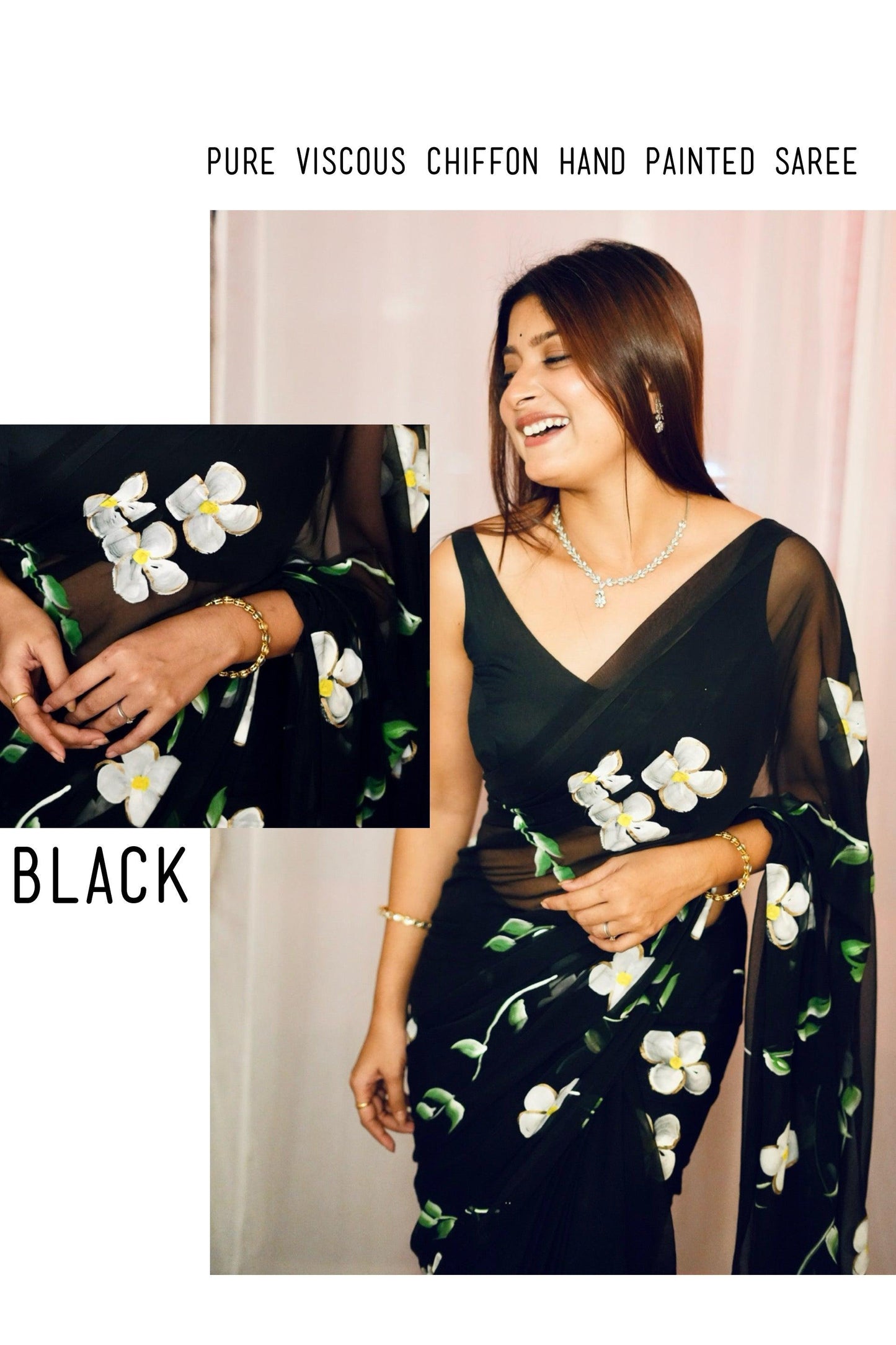 Chitra - Black Handpainted Chiffon Saree - Vasaka Jaipur