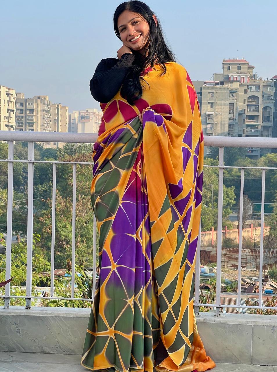 Orange - Clamp Dyed Modal Silk Saree - Vasaka Jaipur