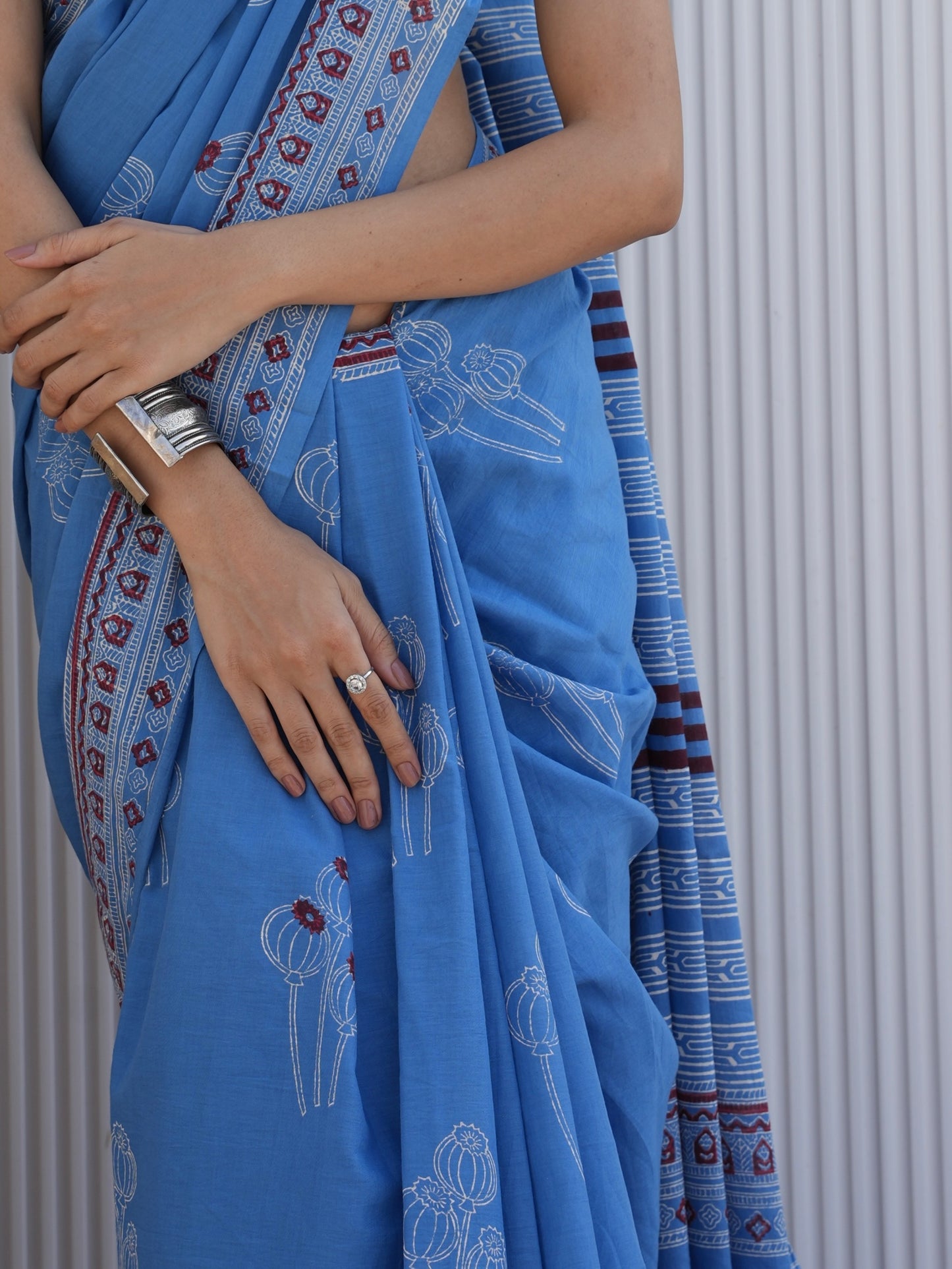 NAVELI_ Blue Hand Block Printed Cotton Saree - Discharge Print