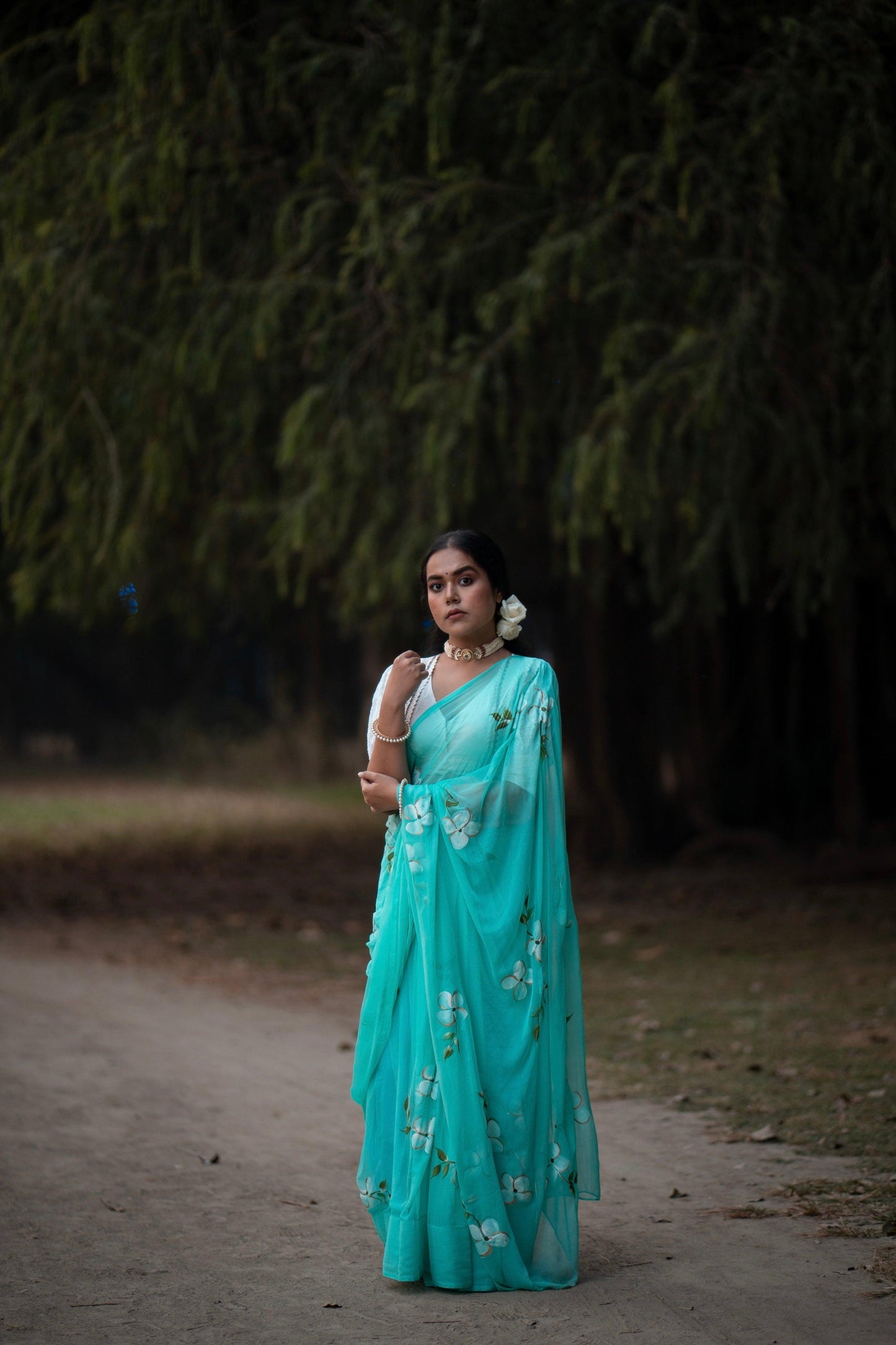 Teal Blue - Handpainted Chiffon Saree