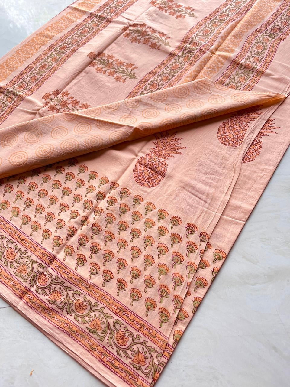 Peach Pineapple Hand Block Printed Cotton Saree