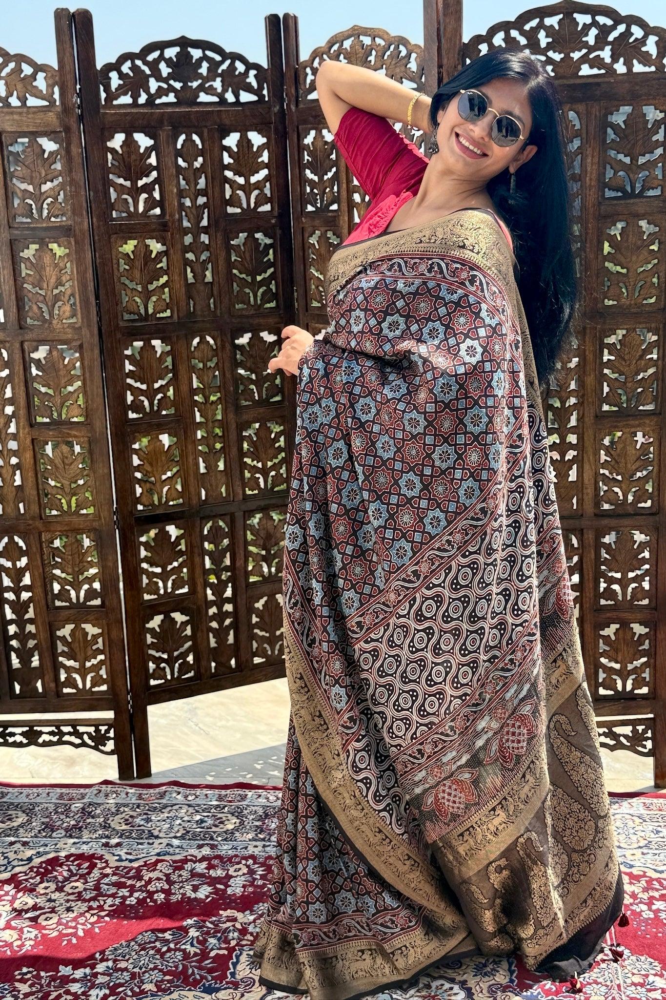 Black - Designer Ajrakh Handblock Premium Dola Silk Saree