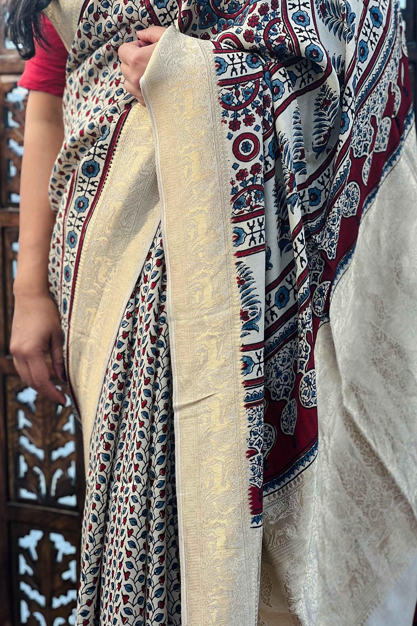 Beige - Designer Ajrakh Handblock Premium Dola Silk Saree