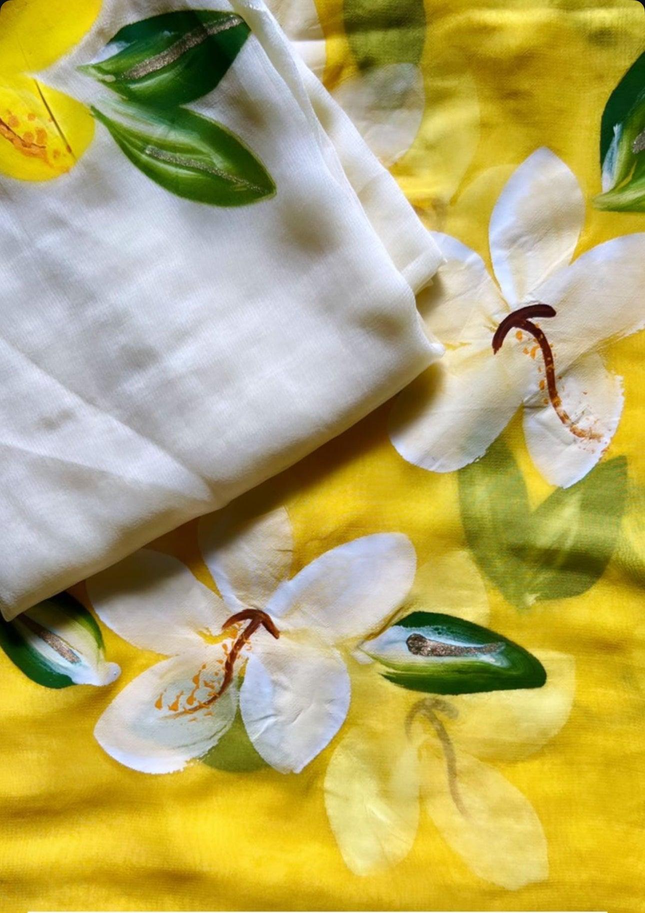 Monalisa - Yellow Handpainted Chiffon Saree - Vasaka Jaipur