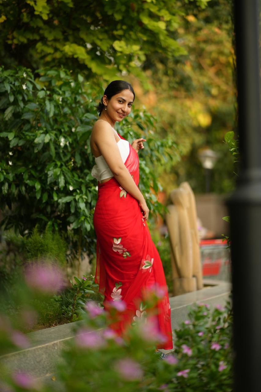Shivani - Red Handpainted Chiffon Saree - Vasaka Jaipur