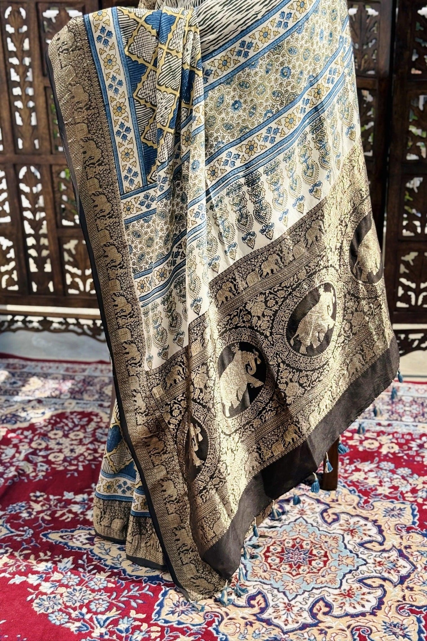 Off White - Designer Ajrakh Handblock Premium Dola Silk Saree