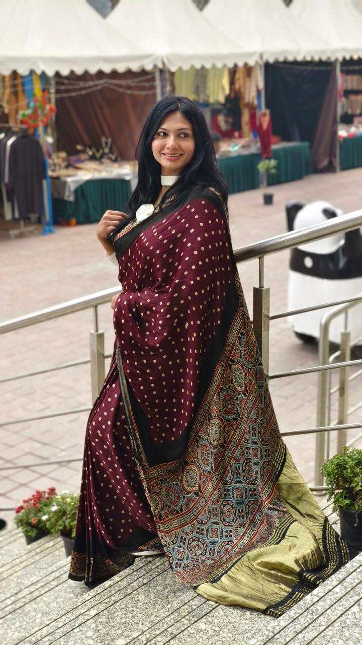 KRITIKA : AJRAKH BANDHEJ TISSUE MODAL SILK SAREE - Vasaka Jaipur