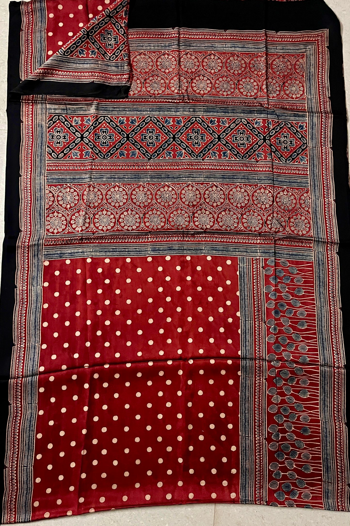Red Dot - Handblock printed ajrakh premium modal silk saree