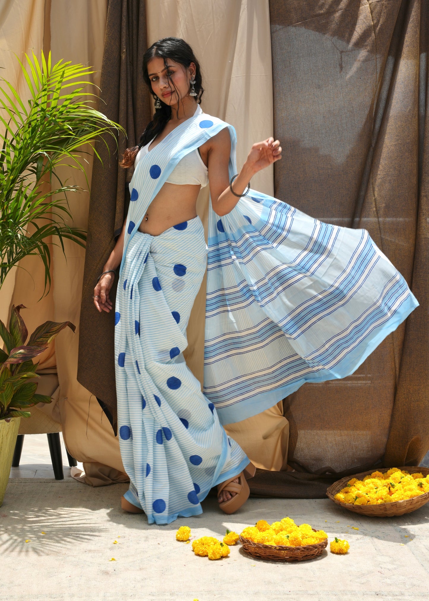 NIRALI_Heritage Hand Block Printed Pure Cotton Striped Saree
