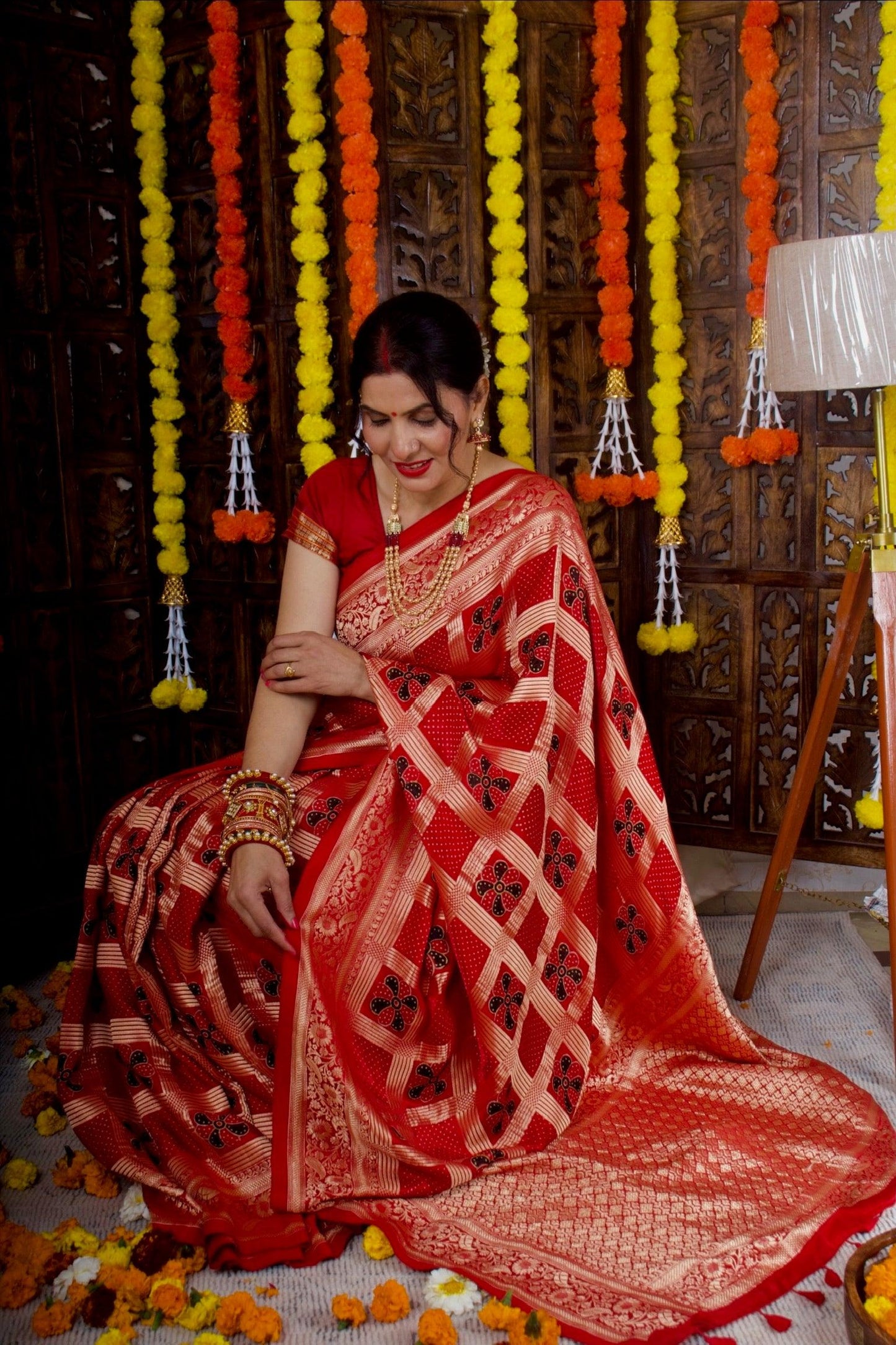 MADHURIMA - Ajrakh Gharchola Red Modal Silk Saree - Vasaka Jaipur