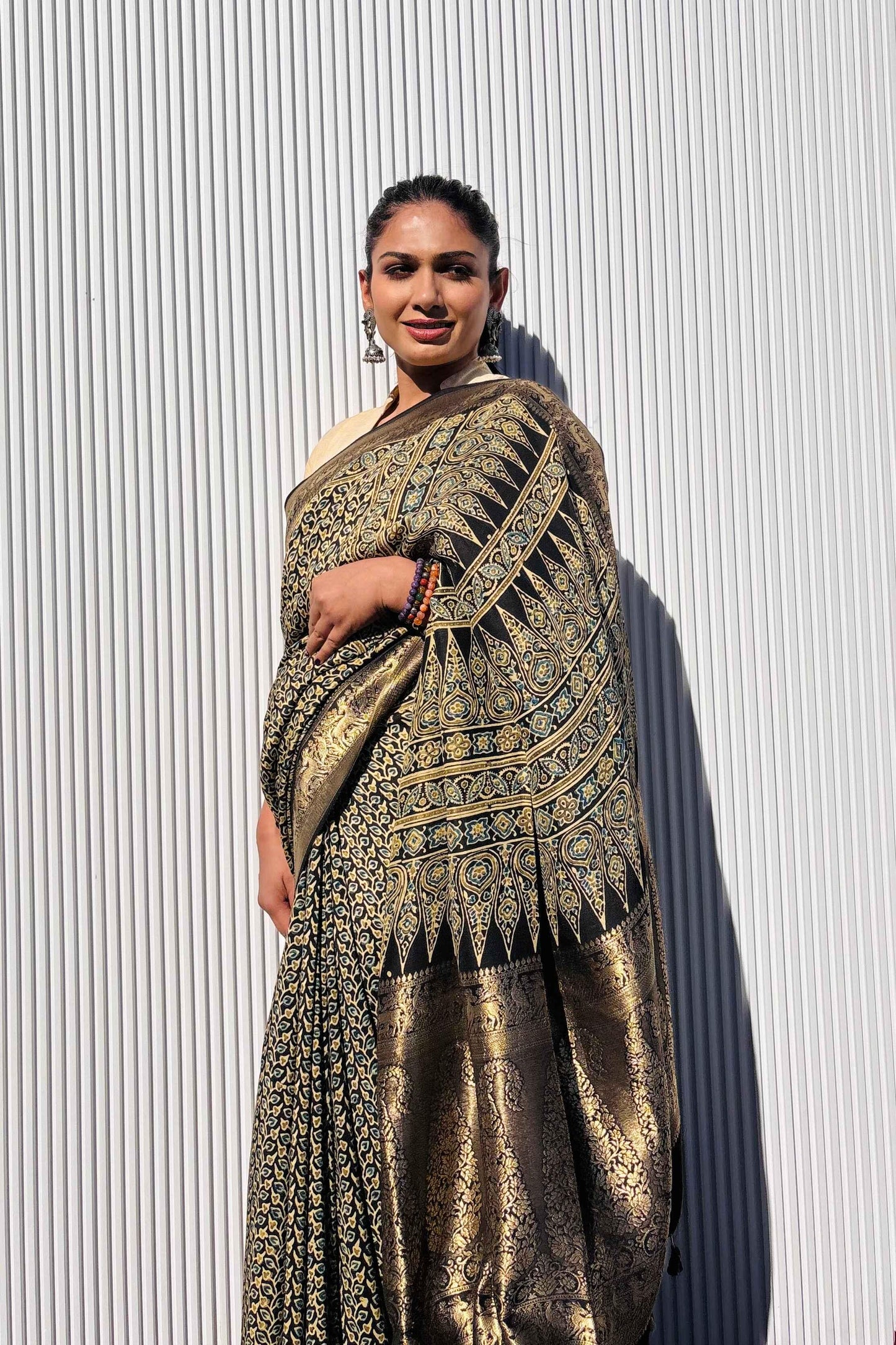 Black - Designer Ajrakh Handblock Premium Dola Silk Saree