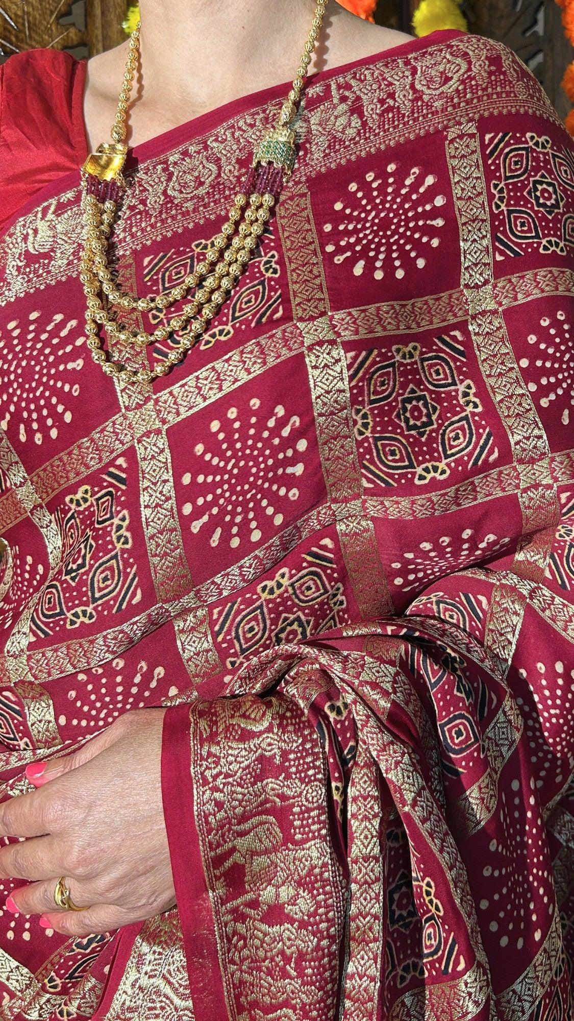 SWARNIMA - Ajrakh Gharchola Red Modal Silk Saree - Vasaka Jaipur