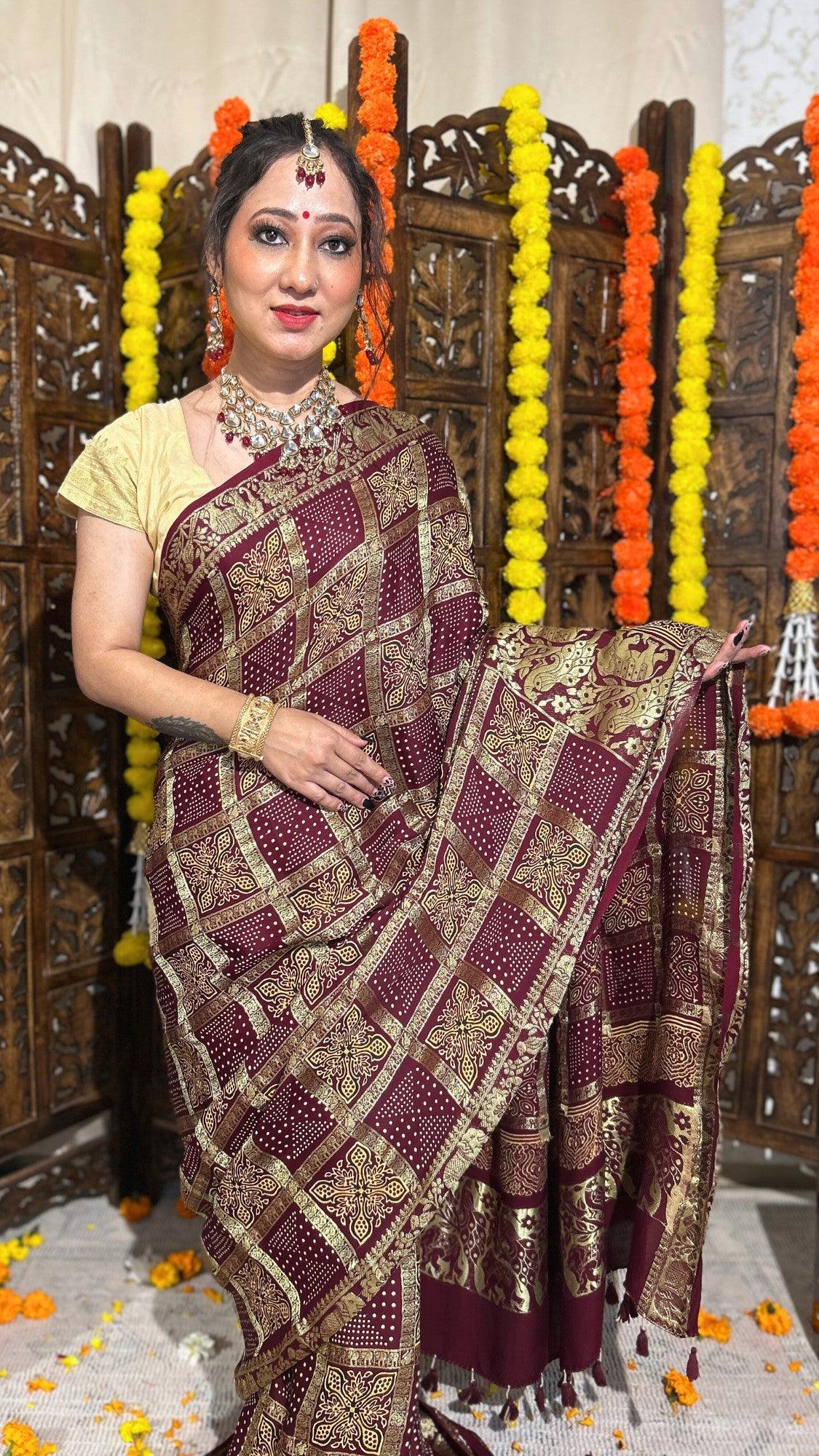 NANDINI - Ajrakh Gharchola Brownish Maroon Gajji Silk Saree - Vasaka Jaipur