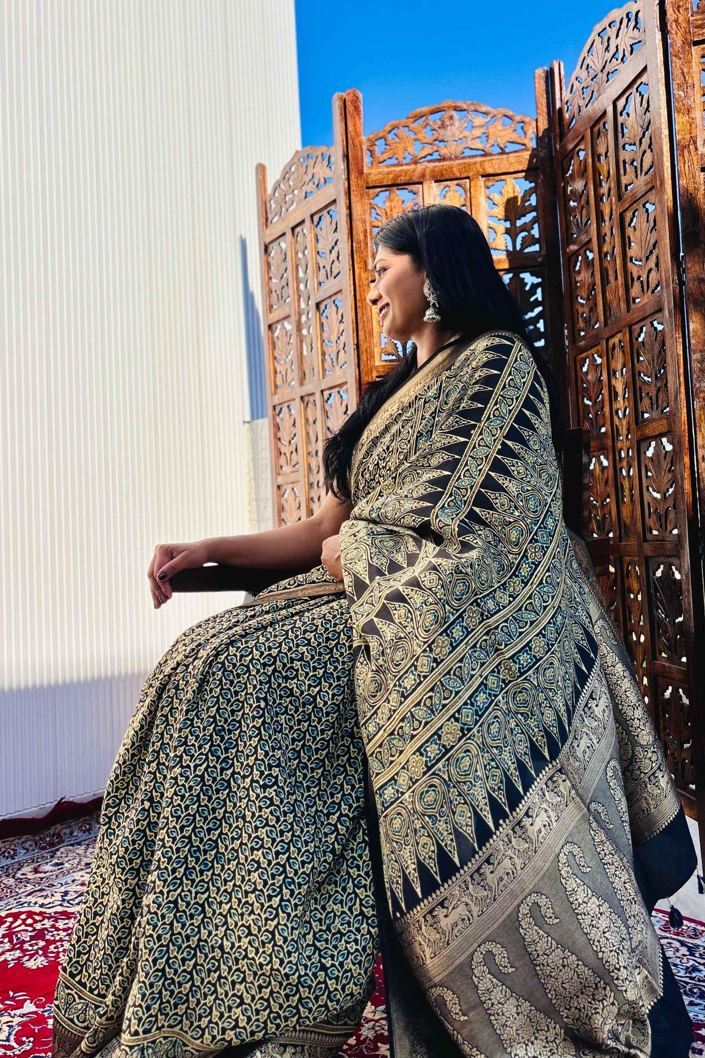 Black - Designer Ajrakh Handblock Premium Dola Silk Saree