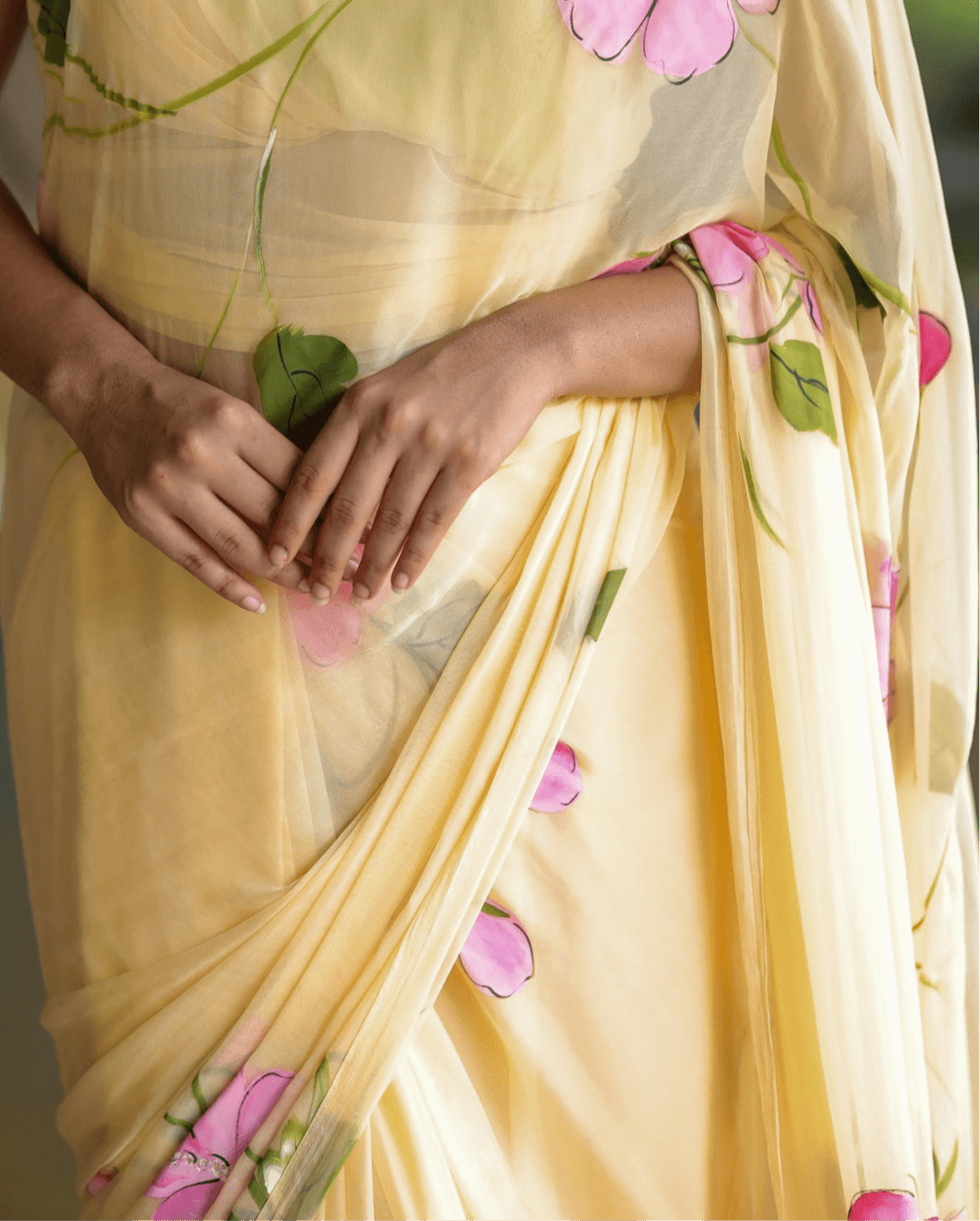 Buttercream- Handpainted Chiffon Saree - Vasaka Jaipur