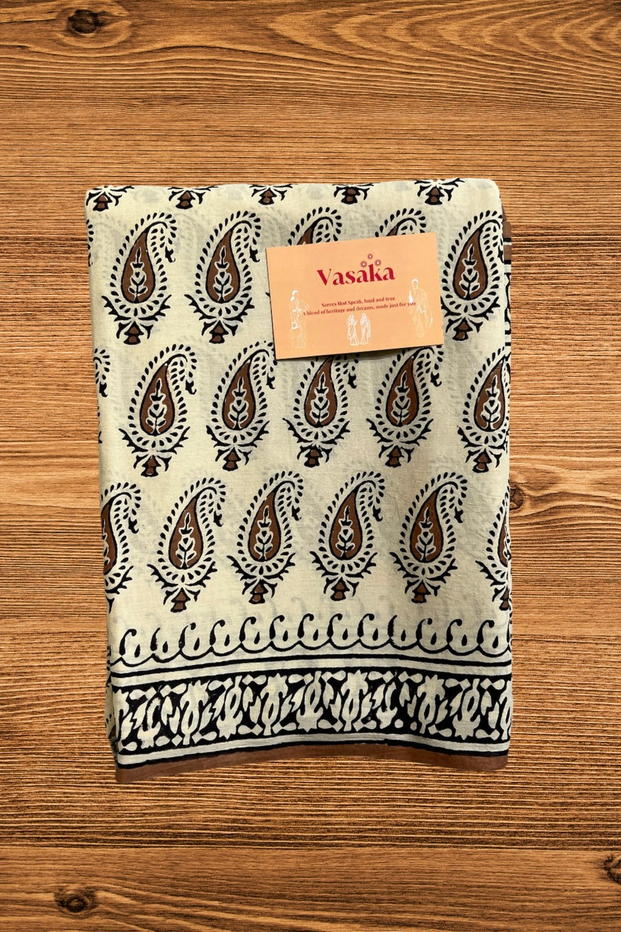 Beige Paisely Hand Block Printed Cotton Saree