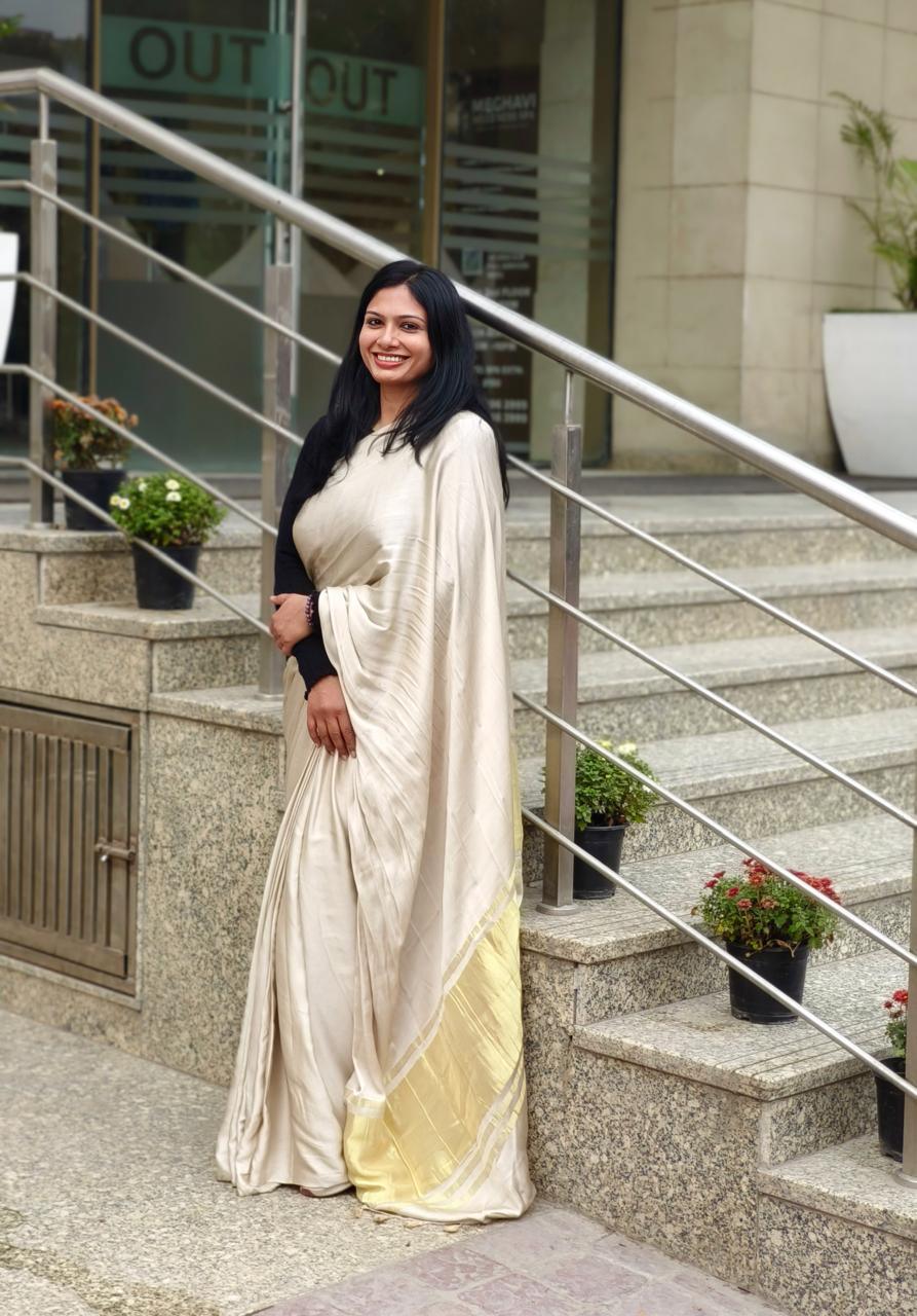 Off White Colour Modal Plain Saree With Tissue Pallu - Vasaka Jaipur