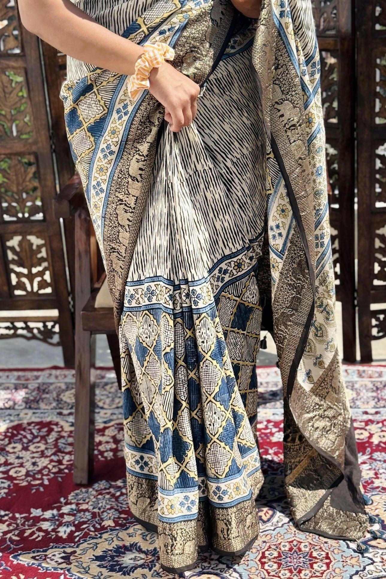 Off White - Designer Ajrakh Handblock Premium Dola Silk Saree