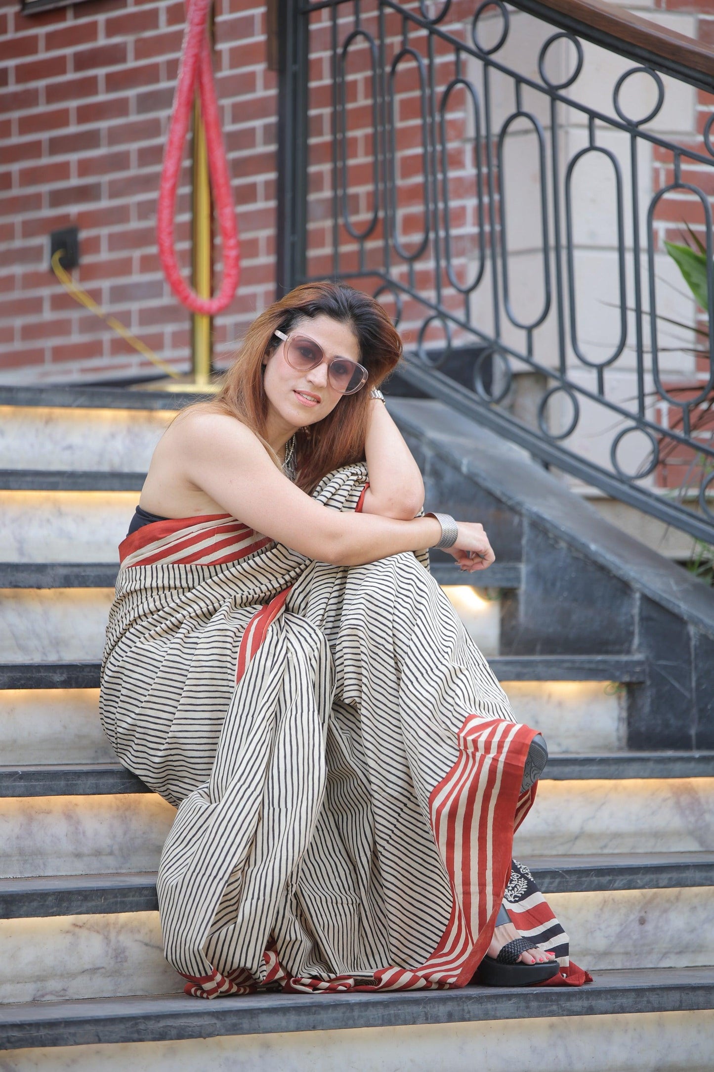 Beige - Striped Hand Block Print Cotton Saree