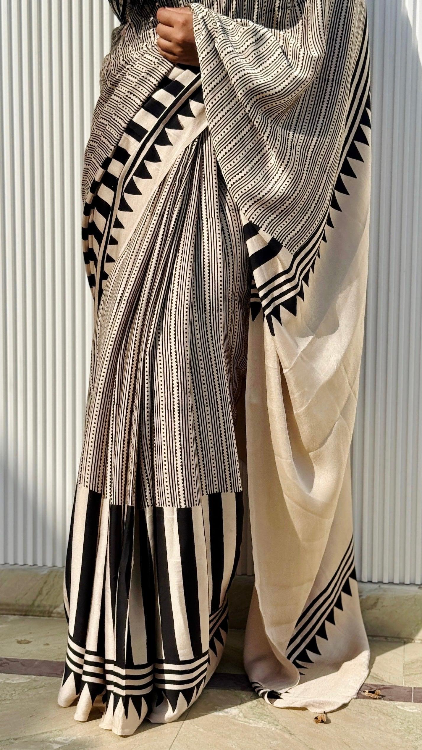 IVORY MUSE: AJRAKH HANDBLOCK MODAL SILK SAREE