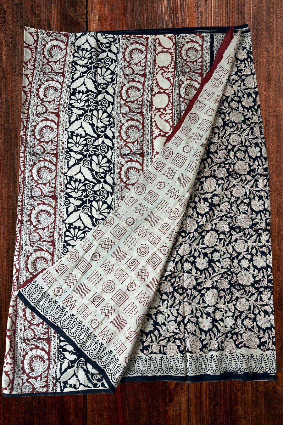 Black - Floral Net Hand Block Printed Cotton Saree