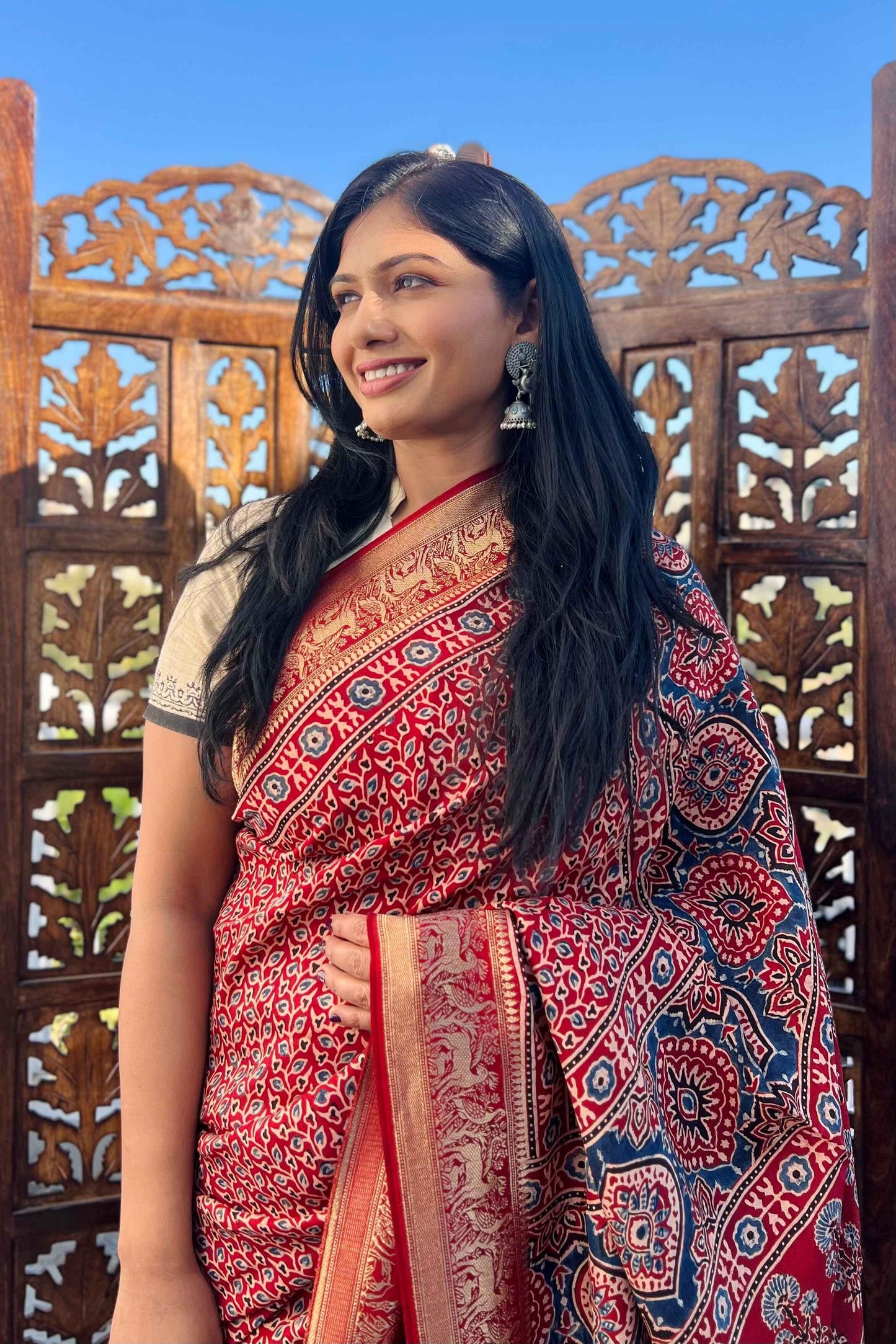 Red - Designer Ajrakh Handblock Premium Dola Silk Saree