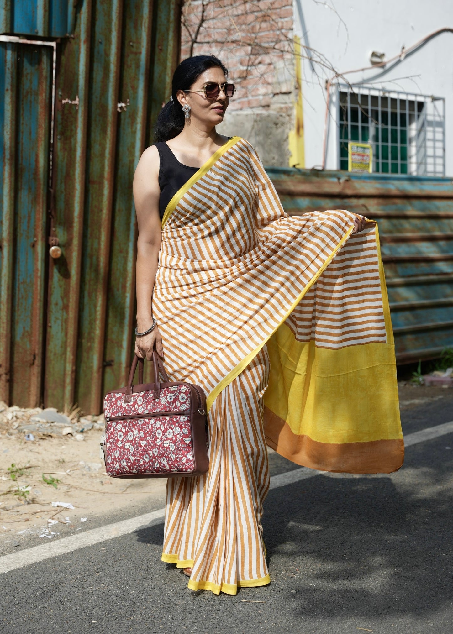 SARIKA_Heritage Hand Block Printed Pure Cotton Striped Saree