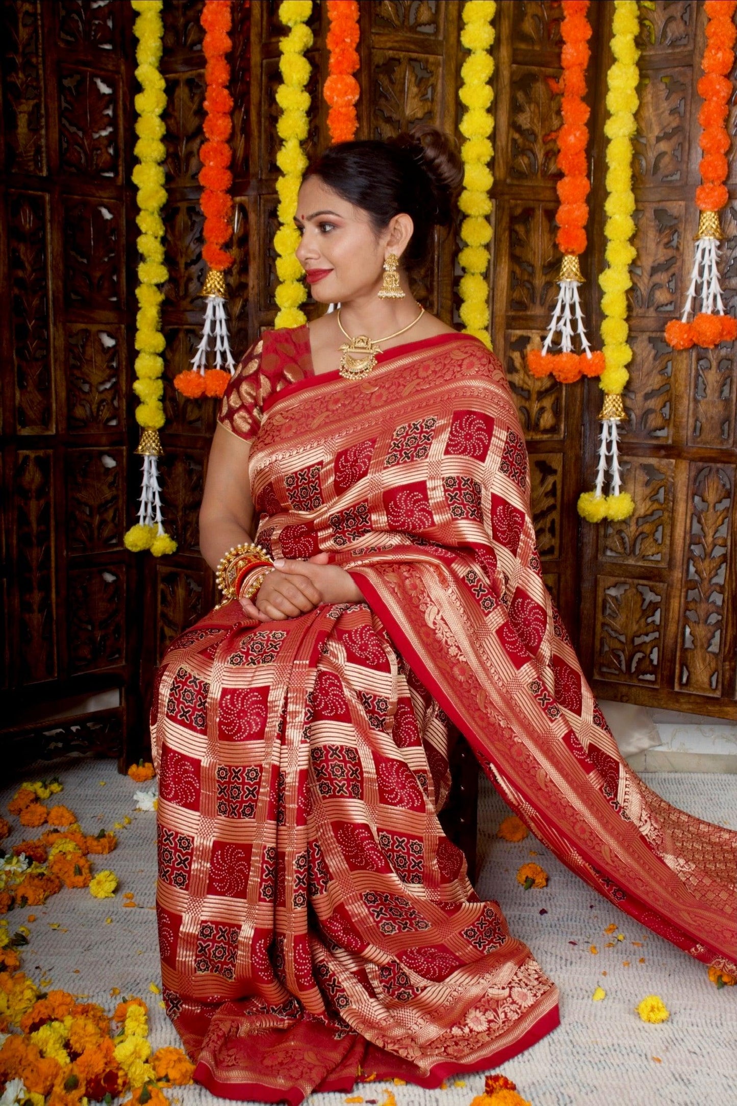 NIHARIKA - Ajrakh Gharchola Red Modal Silk Saree - Vasaka Jaipur