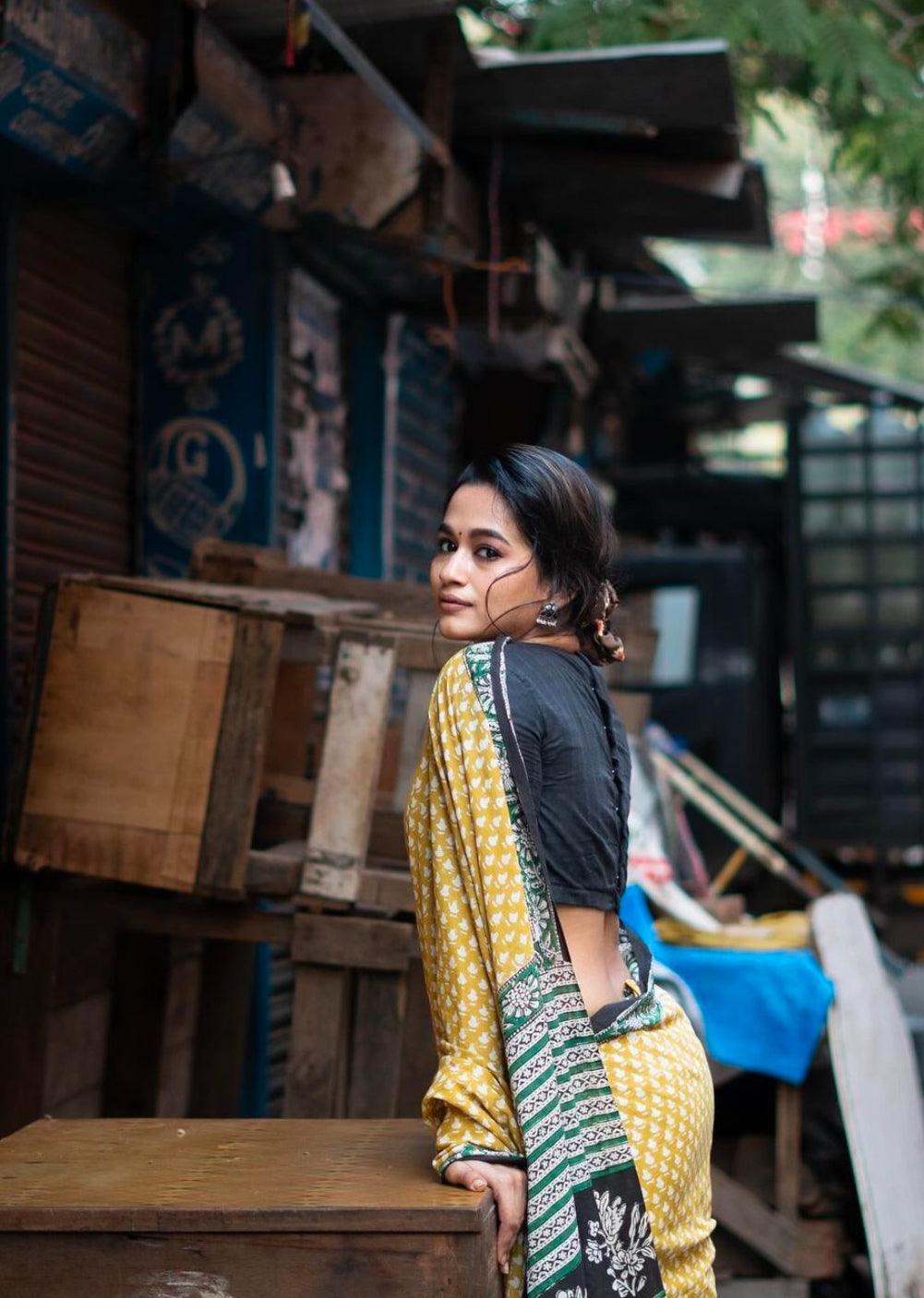 Yellow_ Mulmul Cotton Saree - Vasaka Jaipur
