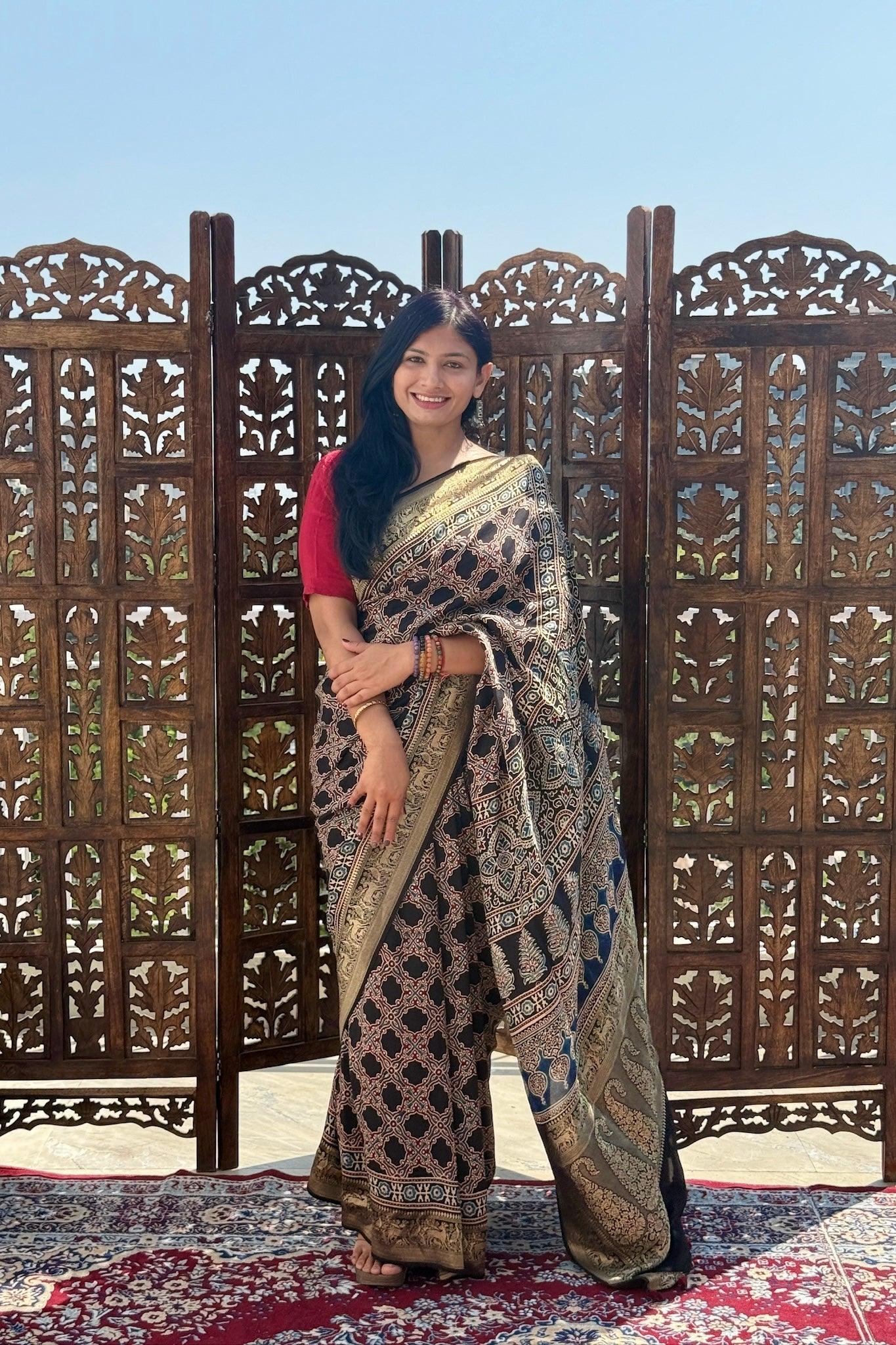 Black - Designer Ajrakh Handblock Premium Dola Silk Saree
