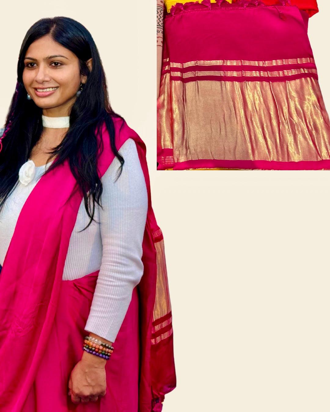 Fuchsia Deep Pink Colour Modal Plain Saree With Tissue Pallu - Vasaka Jaipur