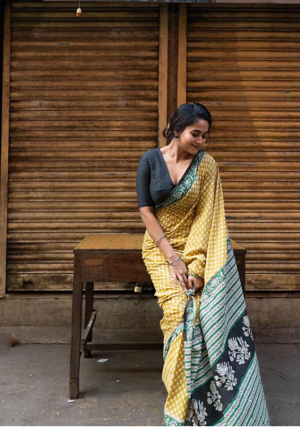 Yellow_ Mulmul Cotton Saree - Vasaka Jaipur