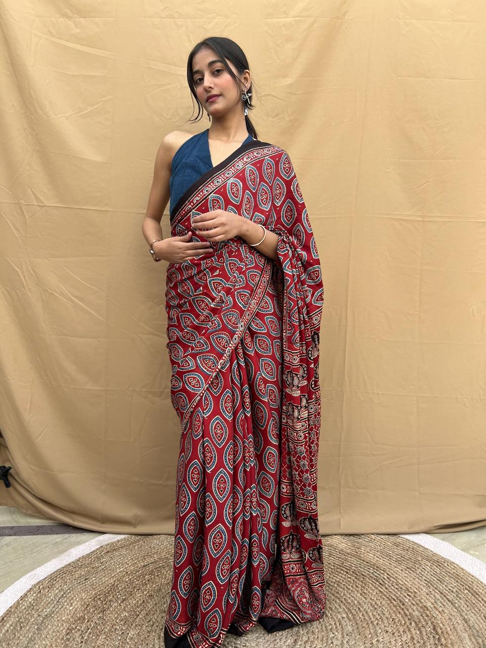 MALLIKA : AJRAKH HANDBLOCK MODAL SILK SAREE - Vasaka Jaipur