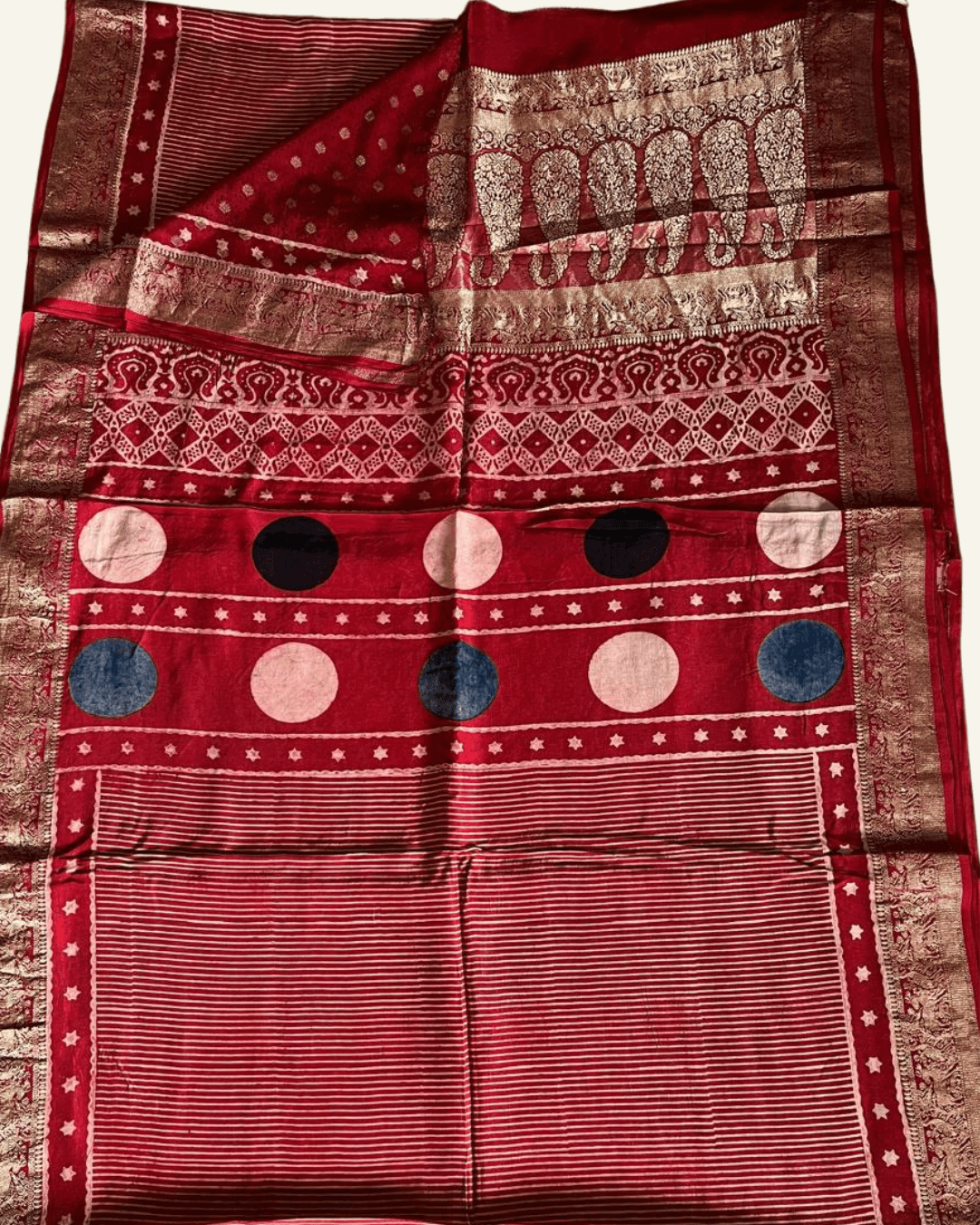 Red - Ajrakh Handblock Dola Silk Saree - Vasaka Jaipur