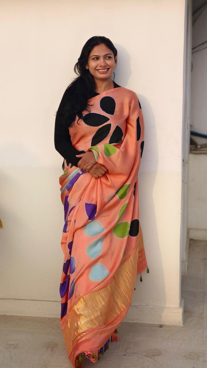 Peach - Clamp Dyed Modal Silk Saree - Vasaka Jaipur