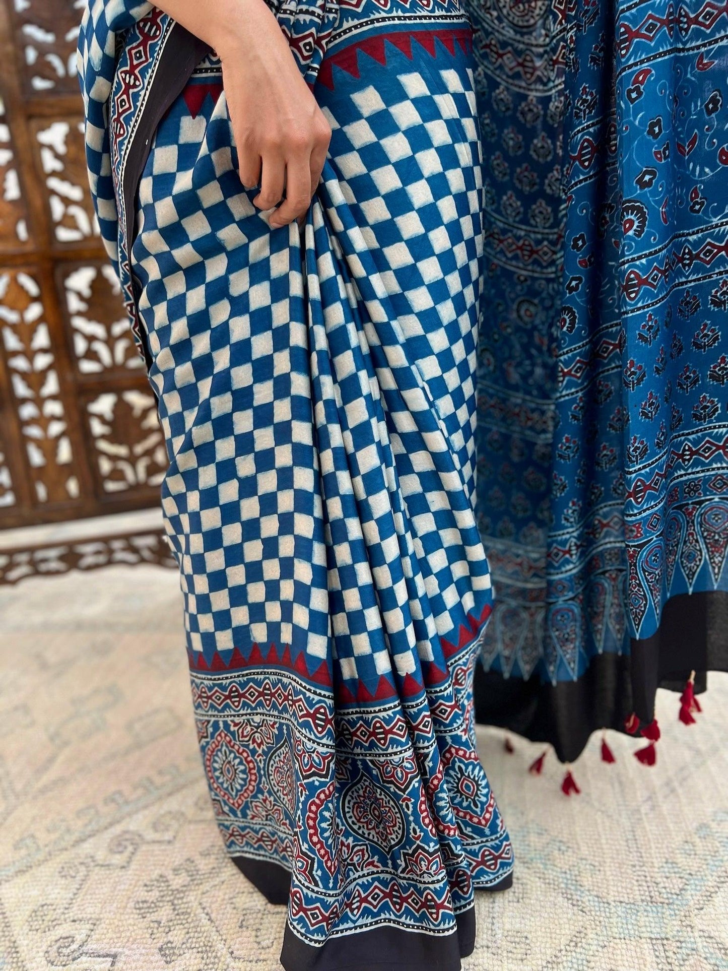 NEELIMA : AJRAKH HANDBLOCK MODAL SILK SAREE - Vasaka Jaipur