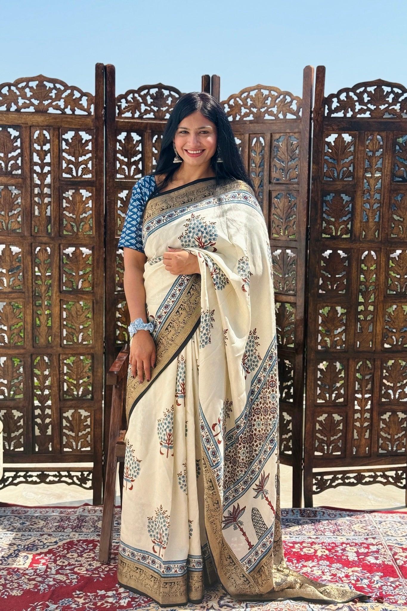Beige - Designer Ajrakh Handblock Premium Dola Silk Saree