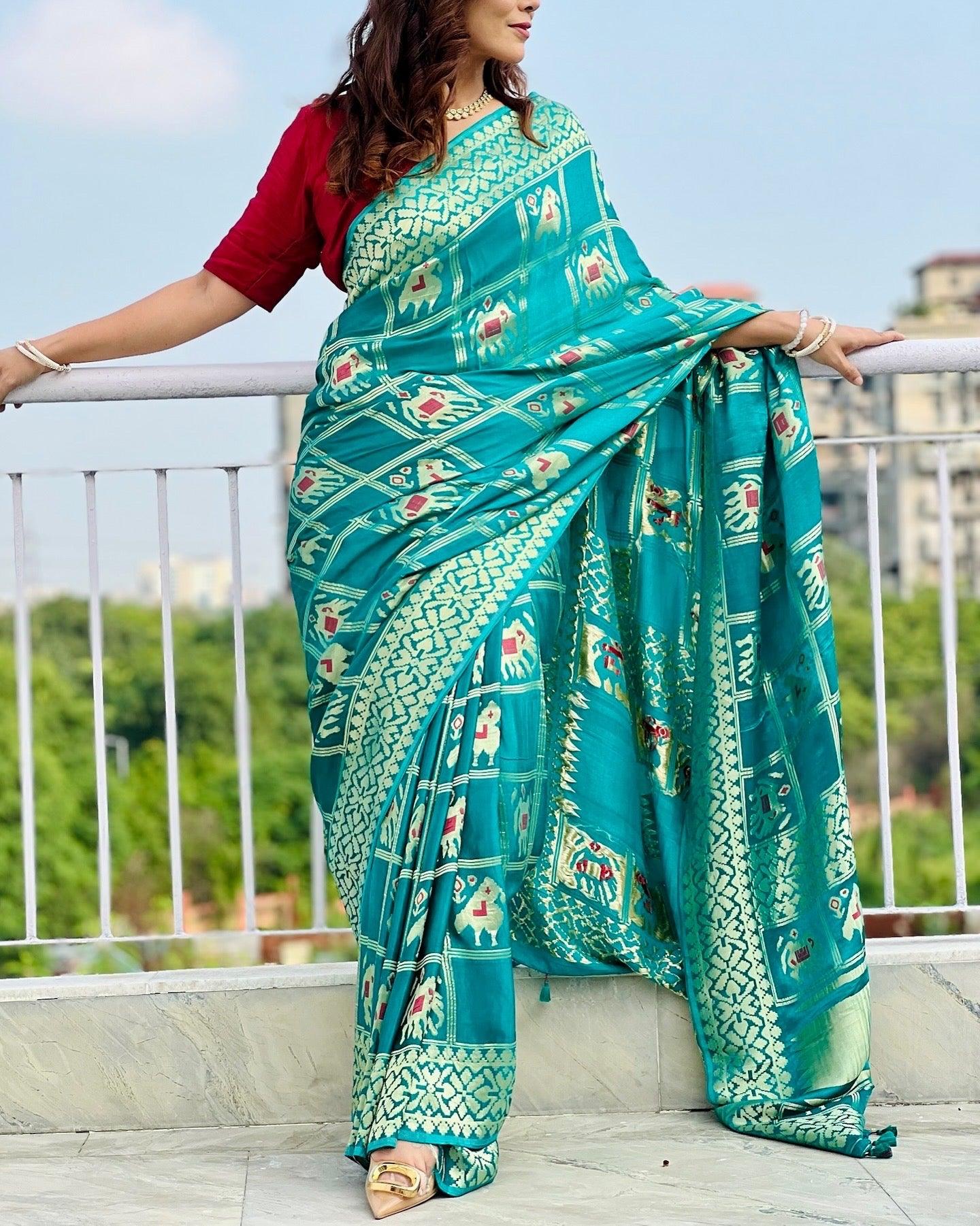 Teal Blue - Premium Modal Silk Patola Zari Weave Work Gharchola Saree - Vasaka Jaipur