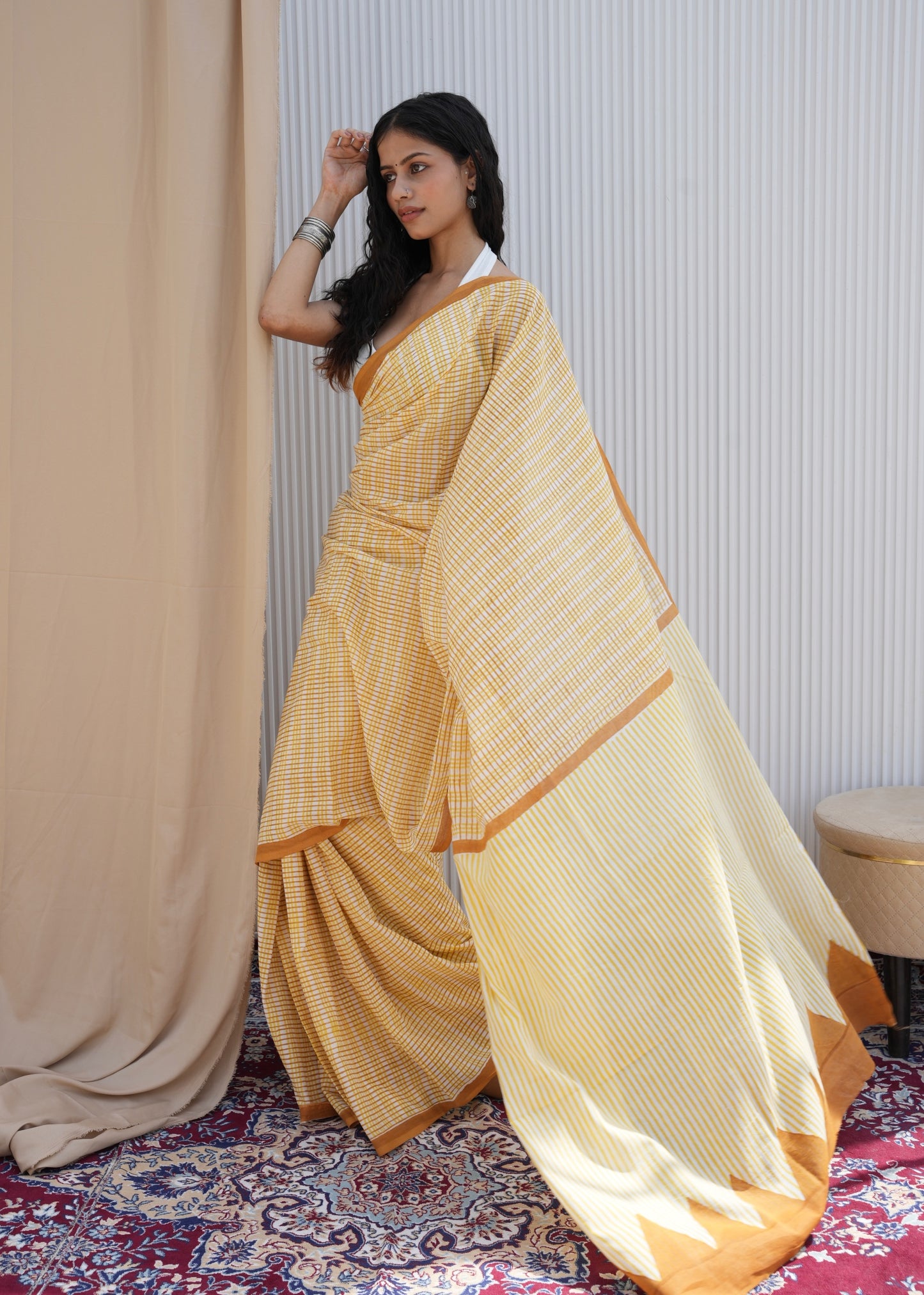 SAANVI_Heritage Hand Block Printed Pure Cotton Striped Saree