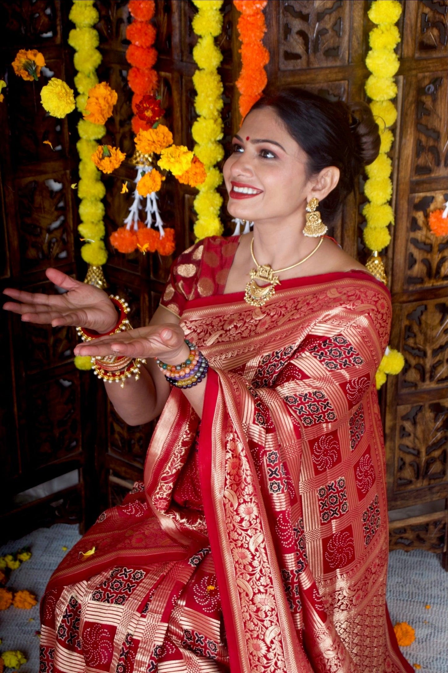 NIHARIKA - Ajrakh Gharchola Red Modal Silk Saree - Vasaka Jaipur