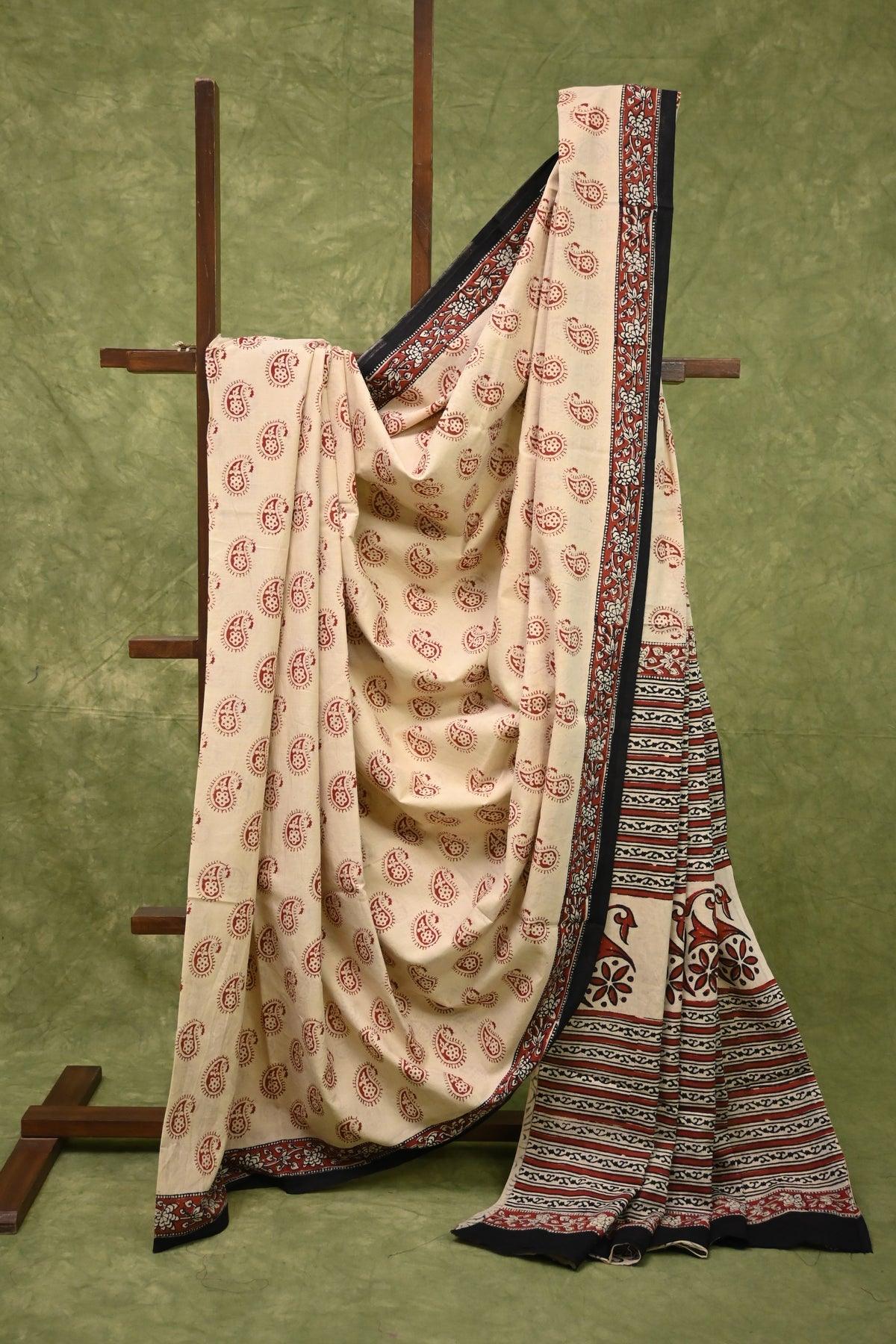 Beige Paisely Hand Block Printed Cotton Saree - Vasaka Jaipur