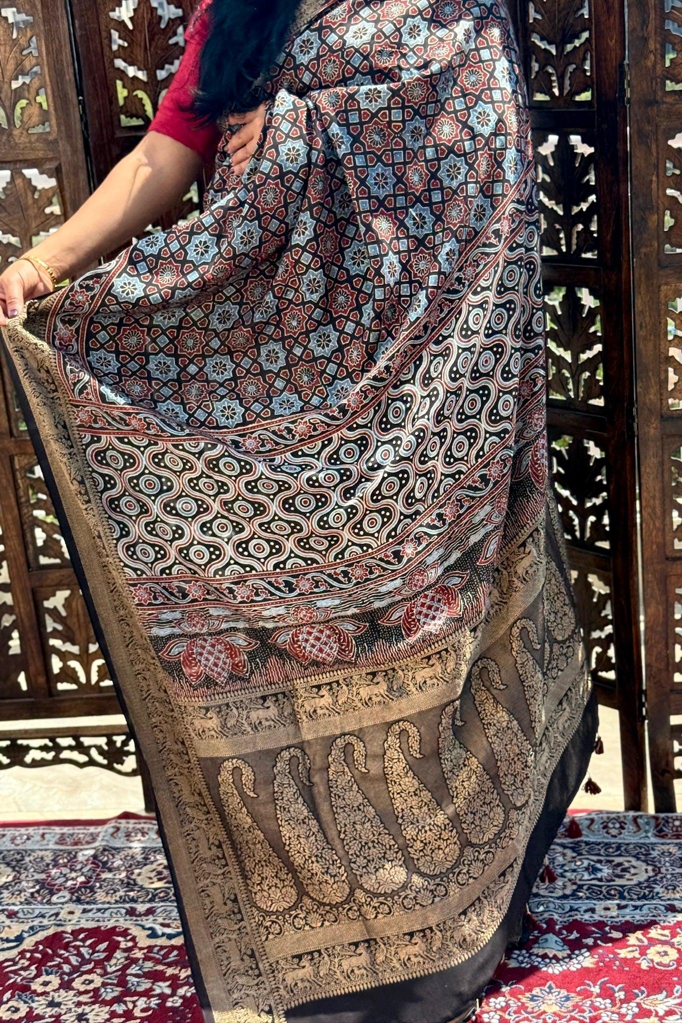 Black - Designer Ajrakh Handblock Premium Dola Silk Saree