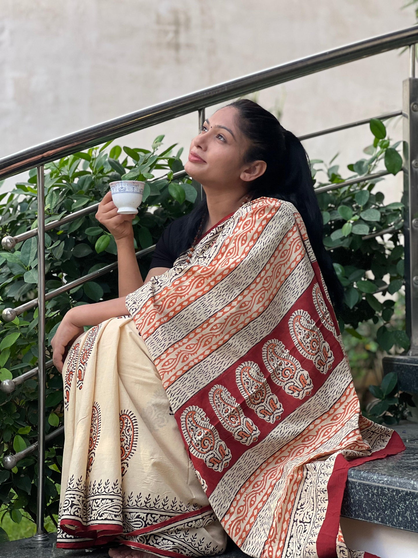 Beige Paisely Hand Block Printed Cotton Saree - Vasaka Jaipur