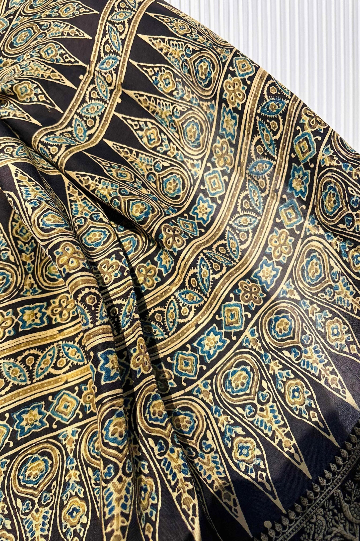 Black - Designer Ajrakh Handblock Premium Dola Silk Saree