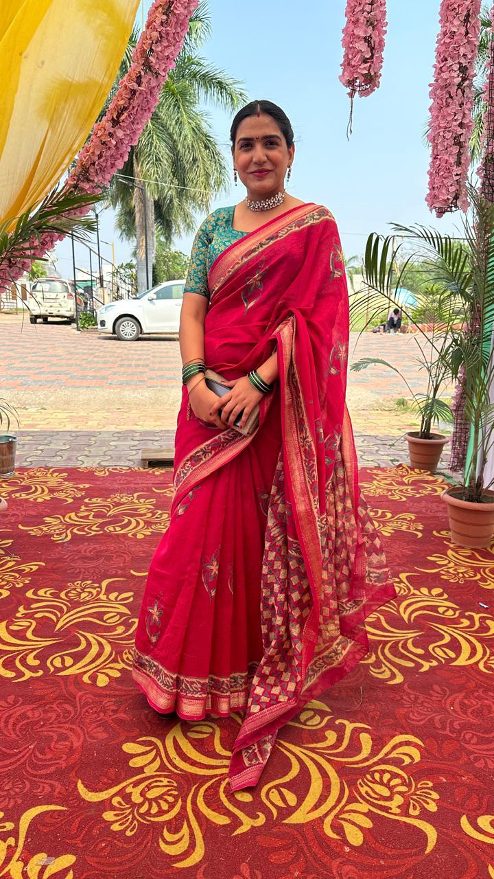 Pink -Handblock Maheshwari Silk Saree - Vasaka Jaipur